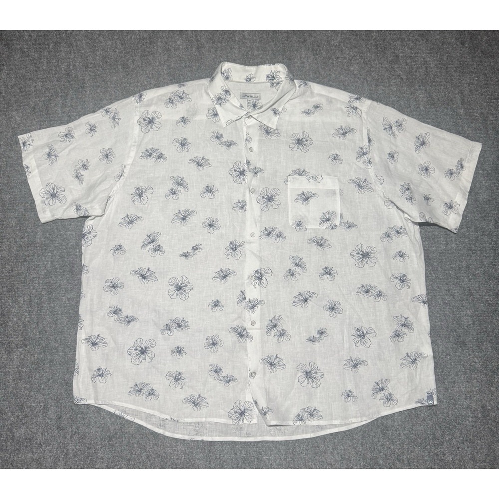 Peter Millar White Floral 100% Linen‎ Short Sleeve Button Up Shirt Men 2XL XXL